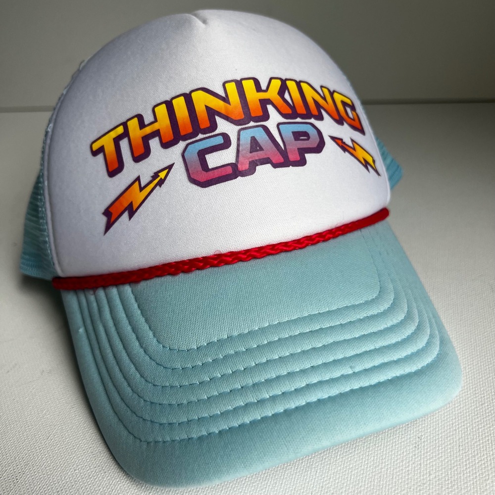 Stranger Things Dustin Thinking Cap Trucker Hat Blue Mesh Snapback Retro Graphic